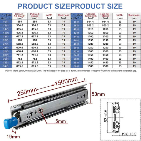 Heavy Duty Drawer Slides Full Extension Telescopic Cabinet Runs dimensions and specifications chart, showing sizes and measurements.