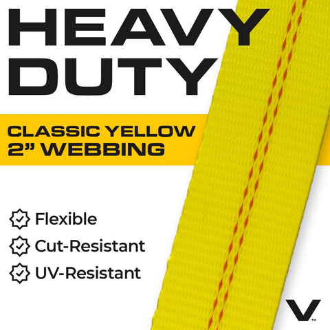 Heavy Duty Auto Hauler Car Tie Downs With Rolling Idler Three Cleat, classic yellow 2" webbing, flexible, cut-resistant