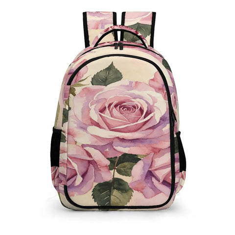 Front view of Vintage Rose Bouquet Print Backpack Unisex Large Capacity Durable Polyester with smooth zipper and floral design.