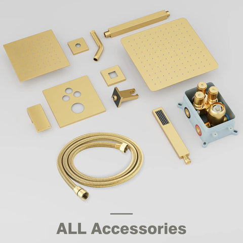 Legit Top Shelf Gold Shower System With Heavy Duty All Metal Dual Rainfall Ceiling And Wall Mount Handheld Sprayer Featuring Quick Push Button Diverter Valve For Solid Fresh Bathroom Refresh Project Upgrade, accessories displayed.