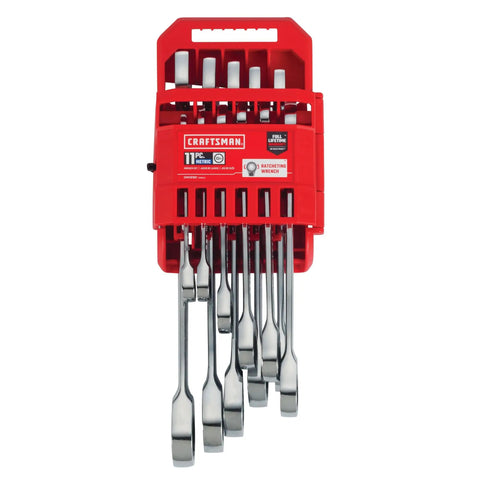 Ratcheting Wrench Set Metric 11 Piece 72 Tooth Box End Quick Engagement 15 Degree Offset Chrome Finish in red holder