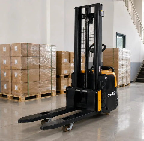 Top Tier Electric Walkie Pallet Stacker With Huge 1500Kg Capacity working in a warehouse, lifting pallets with ease.