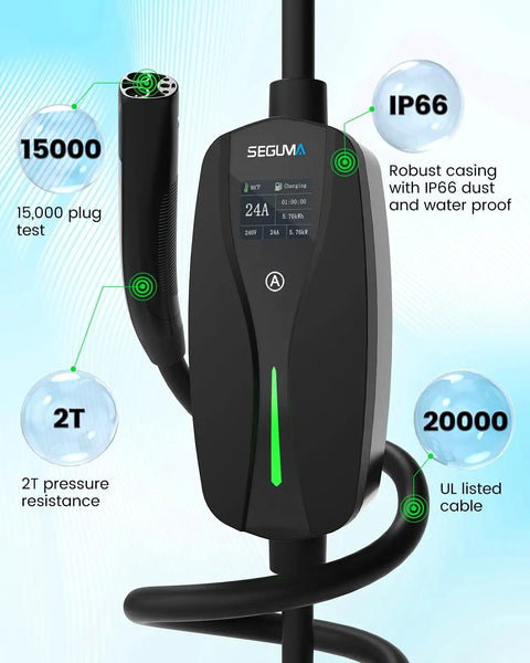 Tesla Level 2 Charger 24 Amp 240V NEMA 14-30 Plug With 25 Ft Extension Cable showing IP66 case and UL listed cable