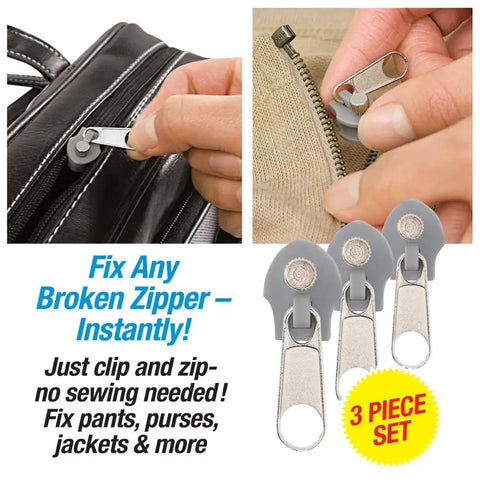 Three Piece Zipper Repair Kit In Silver Quick Clip And Zip Zipper Fix For Jeans Purses Jackets And More No Sewing Needed Durable Polypropylene Set Of 3 Easy To Use Tools For Fast Repairs.