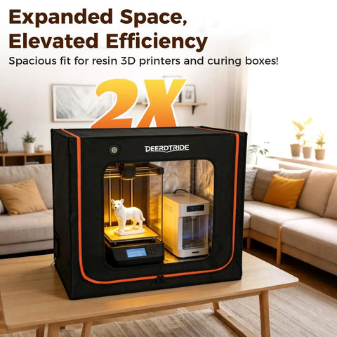 Extra Large Resin 3D Printer Enclosure With Ventilation System And LED Light shown in a home setting, accommodating dual printers.