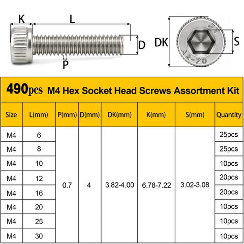 Top Shelf M4 Hex Socket Screw Assortment Kit With 490 Metric Sizes From Six To Thirty Millimeters, showcasing various screw sizes and dimensions.