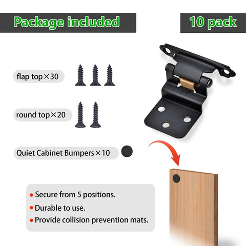 Package includes 10 Tough Ten Pack Matte Black Self Closing Cabinet Hinges For Kitchen Cabinets with screws and bumpers.