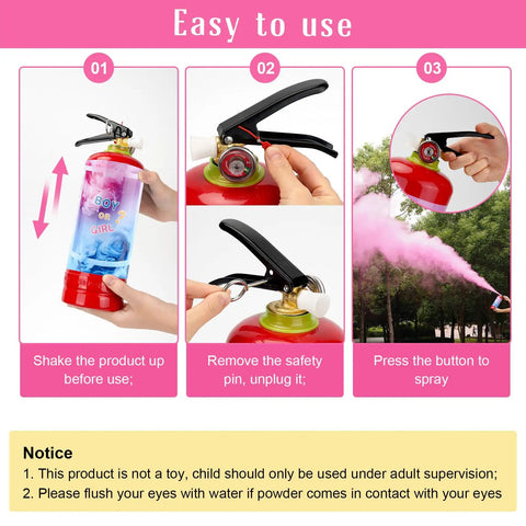 Go Hard On This Premium Gender Reveal Fire Extinguisher Two Pack showing usage steps for colorful powder spray.