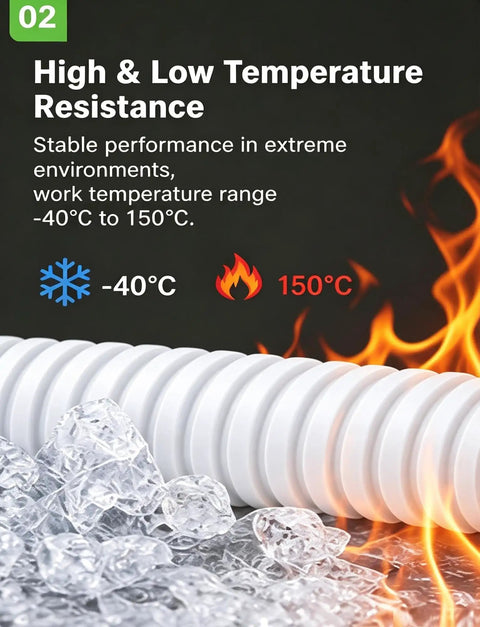 Heavy Duty PA66 Nylon Corrugated Conduit With Flame Resistant Sheathing For Zero Hassle Cable Routing And Bulletproof Wire Protection Across All Applications on ice and flame backdrop.