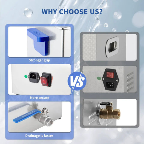 Comparative features of Top Notch Dk Sonic 30L Ultrasonic Cleaner 600W, showing grip, security, and drainage improvements.