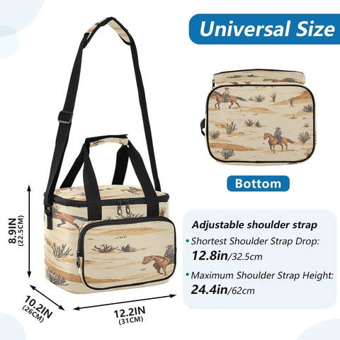 Desert Ride Insulated Lunch Bag For Outdoor Adventures, Leakproof Cooler Tote, waterproof 600D Oxford, dimensions shown