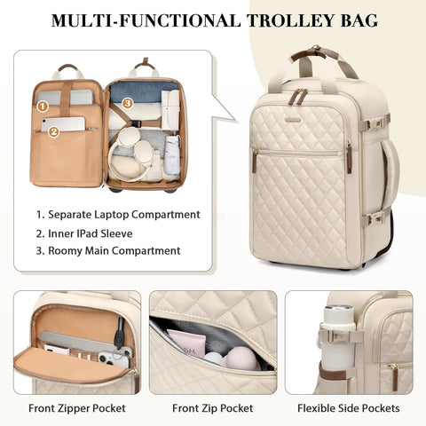 Apricot rolling laptop backpack for travel with wheels, 17-inch laptop compartment, 35L capacity, multiple pockets, and durable design.