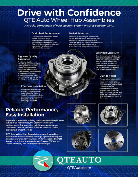 QTE Auto Wheel Hub Assemblies poster with images of rear wheel hub bearing assembly replacement for 2010-2017 Hyundai and Kia models