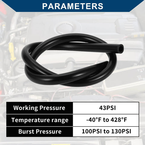 Beefy Silicone Vacuum Hose High Temp Automotive Vacuum Line Three Point Three Feet Long Twelve Millimeter Inner Diameter Three Point Five Millimeter Thick Black coiled in front of an engine
