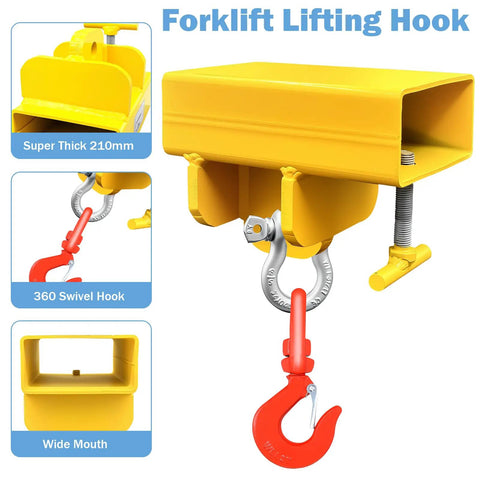 Heavy Duty Forklift Lifting Hook Attachment With 5500 Lbs Capacity, showing 360 swivel hook and rugged yellow steel design.