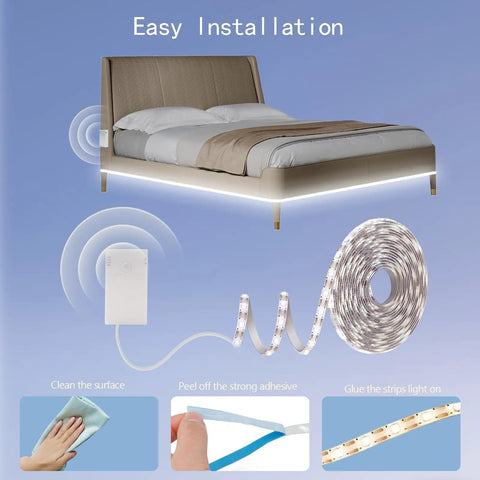 Battery Operated Motion Sensor Cabinet Strip Lights 9.8Ft 90LED With Day Night Sensor Easy install on bed frame