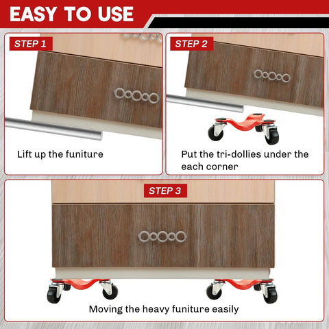 Steps to use 4 Pack Steel Tri-Dollies Set With 220 Lb Load Capacity, 3 Wheel Furniture Movers for Moving Furniture, Appliances, Cabinets