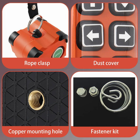 Components of 12 Channel Wireless Remote Control For Industrial Crane Hoist Overhead Gantry Bridge Heavy Duty 12V 24V 36V With E Stop And Battery Indicators Safety Certified, showing rope clasp, dust cover, copper mounting hole, and fastener kit.