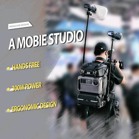 Photographer with Lancer300 Pro Camera Backpack With Built In 300W Power Station, showcasing hands-free filming setup.