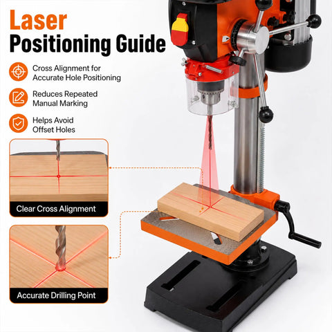 Ridfy 8 Inch Benchtop Drill Press with laser guide shows cross alignment for accurate hole positioning on wood.
