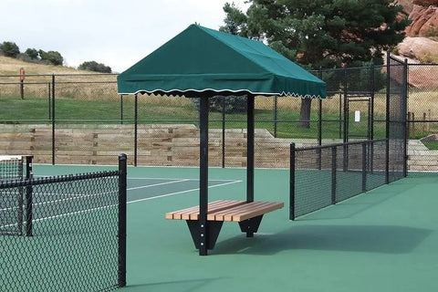 Cabana Canopy With 8 Ft Bench For Tennis Bocce Golf Courts, 10 Ft Long Shade Structure, green outdoor seating on court