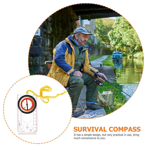Man fishing by canal with Multifunction Hiking Compass With Measuring Scale And Ruler For Outdoor Navigation. Compass close-up inset.