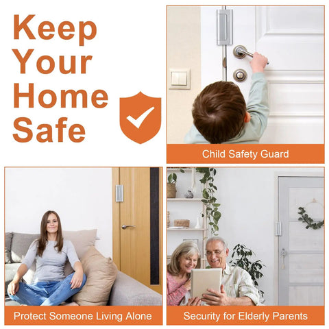 Straight Up Heavy Duty Double Pack Door Security Bolts With Three Inch Reinforced Steel Strike Plates That Offer An Ultra Tough Kick Resistant Eight Hundred Pound Shield Silver Finish displayed with child and home safety settings.
