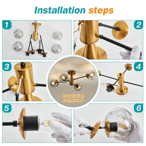 Installation steps for Modern Four Light Gold Glass Globe Ceiling Light Fixture Mid Century Semi Flush Mount