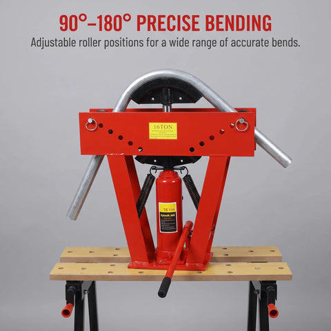 Heavy Duty 16 Ton Manual Hydraulic Pipe Bender with eight dies on adjustable rollers for 90 to 180 degree bends