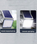 Hella Bright 200 Watt Solar Flood Light With Integrated Remote And Badass IP67 Waterproof Shell, showcasing solar panel and bright lighting.