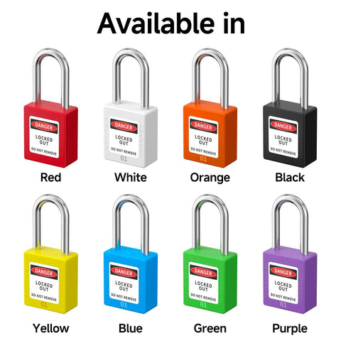 Heavy Gauge Stainless Steel Lockout Tagout Padlocks With 5 Pack Keyed Different Green Safety Locks And OSHA Compliant Lototo Set Offering Dual Keys for red, white, orange, black, yellow, blue, green, and purple padlocks.