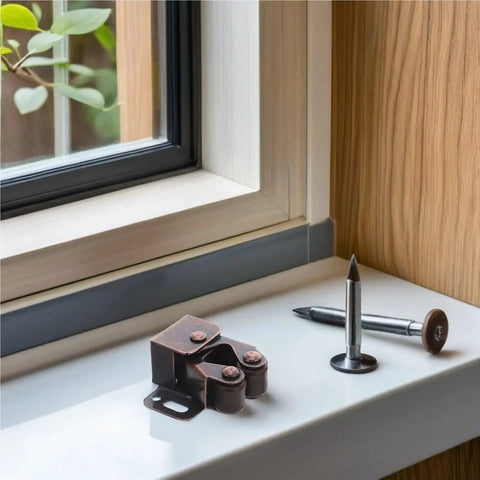 Quiet Roller Cabinet Catch 12 Pack Set for Cabinets and Furniture Doors, copper tone spring latch on windowsill