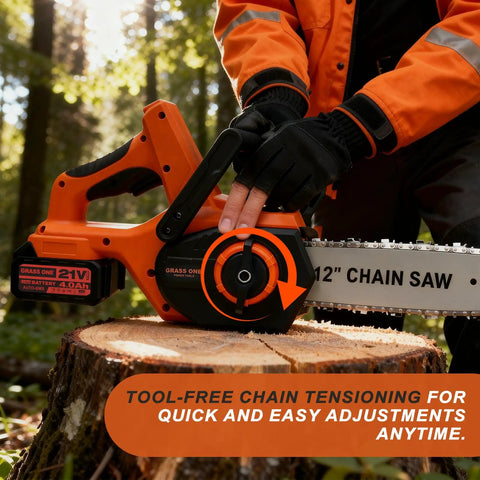 Person adjusting Beast Of A 12 Inch Brushless Cordless Chainsaw With 40 Ft Per Second Chain Speed on tree stump in forest