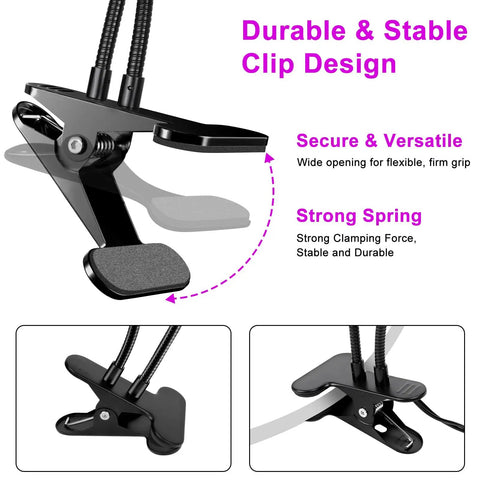 Lit Dual Head LED Black Light 20W UV Fixture With Clamp USB Powered 395 To 405 Nanometers close-up of sturdy clip design