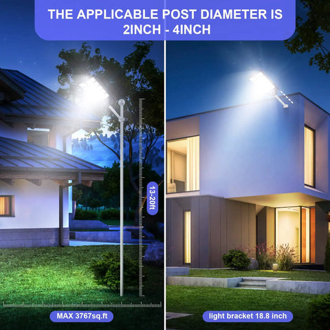 Solar Outdoor Security Light Kit illuminating houses at night with remote control, pole mount, 20 heads, 15000LM, IP65.