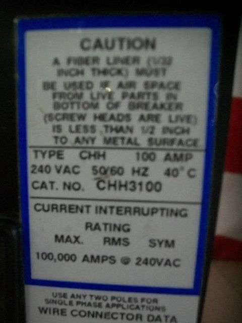 Label of Hella Rugged 3 Pole 100 Amp Thermal Magnetic Circuit Breaker with safety instructions and specs.