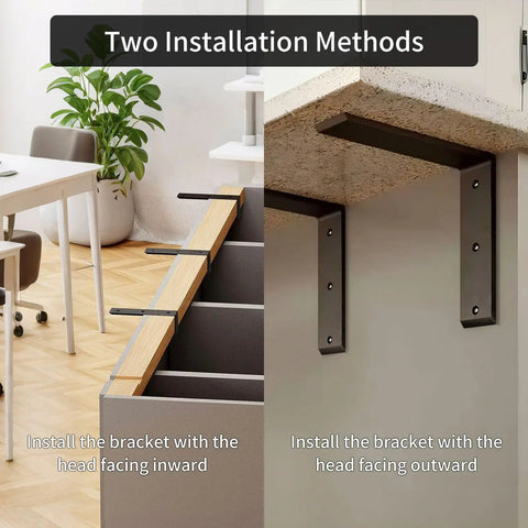 Two installation methods shown for Built Different Heavy Duty Countertop Support Brackets 14 Inch Thick Hidden L Shelf Corbels.