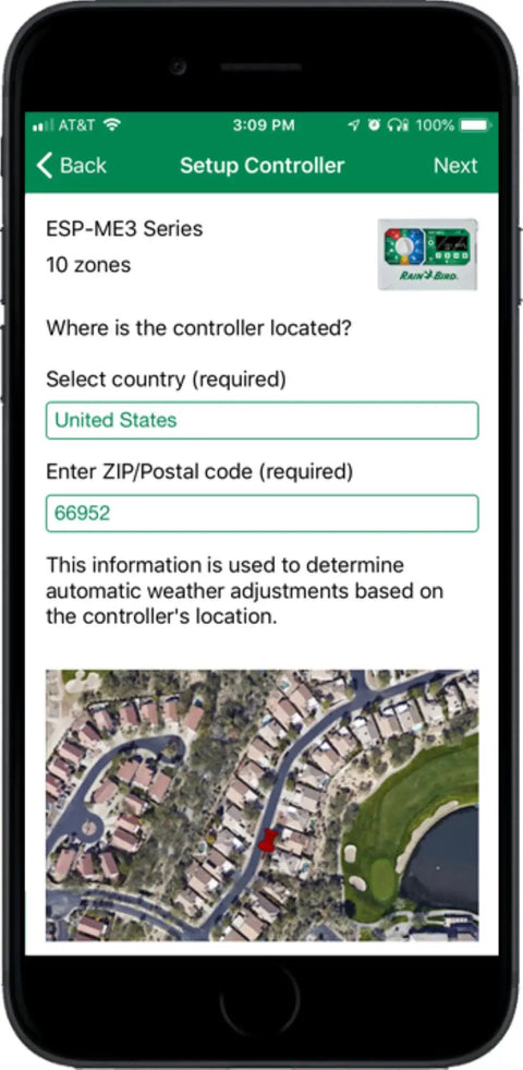 Smartphone showing setup screen for ESP-ME3 using LNK2 Smart WiFi Module 2nd Gen For Rain Bird Irrigation Timers And ESP Controllers.