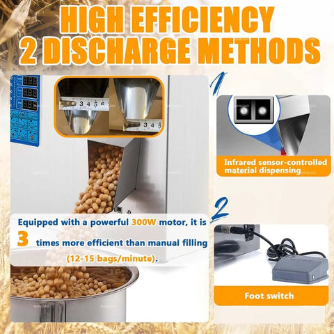 Automatic Digital Filling Machine With Precision Scale And Foot Pedal For Coffee Beans Seeds Powder Packaging showcasing discharge methods and motor.
