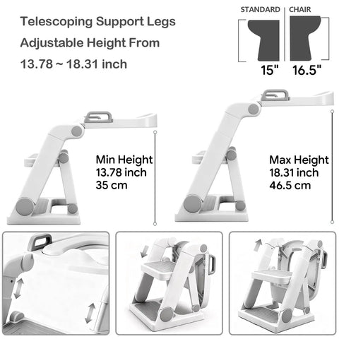 Adjustable height feature of Straight Outta Box Pre Assembled Toddler Potty Training Seat with Secure Ladder, showing 13.78 to 18.31 inch.