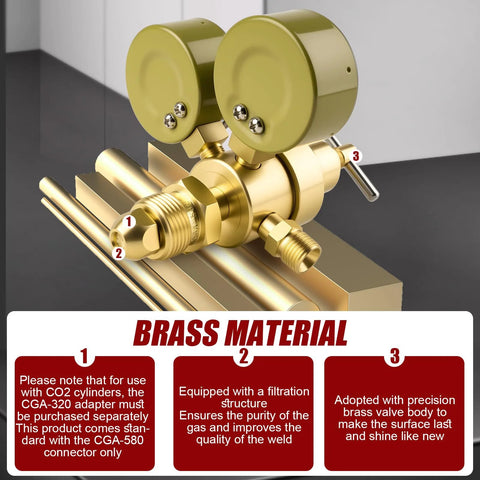 Close-up of a dual gauge welding gas regulator with brass material and filtration system, ideal for TIG and MIG welding setups.