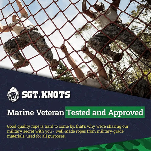 Men climbing a rope net with trees in background and "Marine Veteran Tested and Approved" text overlay.