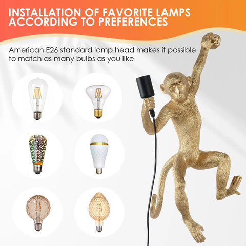Modern Resin Monkey Wall Lamp With Hemp Rope Accent showcasing bulb compatibility options in vintage style
