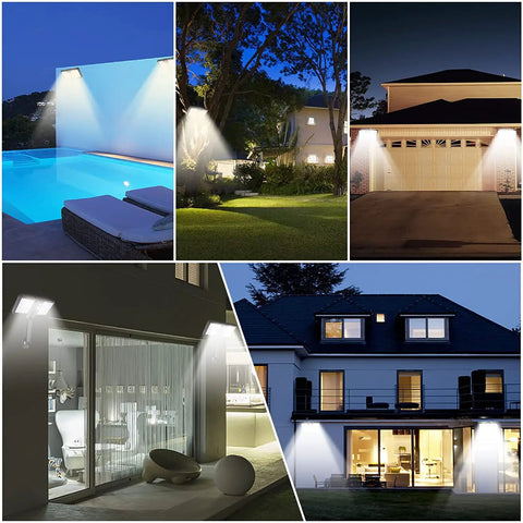 Outdoor Solar Lights With Remote Motion Sensor IP65 Waterproof Flood Light 128 LED illuminating patio, yard, doors, and house.