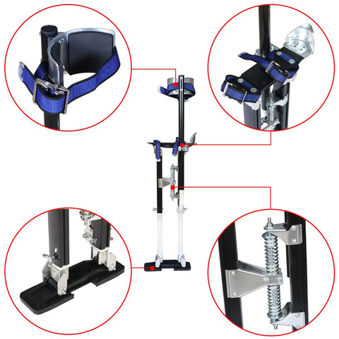 Adjustable Aluminum Drywall Stilts For Painting And Cleaning, 18 To 30 Inch Range, showcasing secure fit straps and black finish.