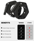 Two Inch Quick Release Barbell Clips With Anti Slip Lining For Easy On Easy Off Secure Weightlifting On Olympic Bars Black Non Magnetic Collars Built For Heavy Lifts And Quick Grips displayed with feature list.