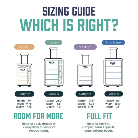 Sizing guide for Hanging Carry On Organizer For Travel, Standard Luggage Closet Organizer with mesh windows, four sizes shown.