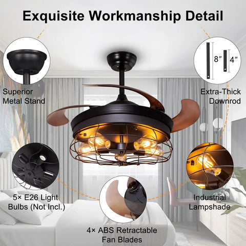 Retractable Blades Ceiling Fan With Lights And Remote Dope Rustic Industrial Style in a living room, highlighting details and features.