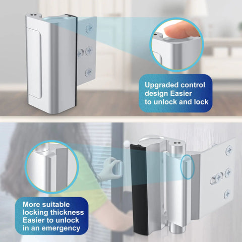 Heavy Duty Door Reinforcement Lock Withstands 800 Lbs Of Force For Kids Safety And Home Privacy, close-up and full view showing lock mechanism
