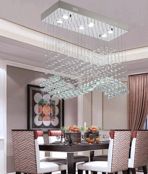 Modern K9 Crystal Raindrop Chandelier Rectangular Flush Mount For Kitchen Island And Dining Room Stunning Wave Pendant Light With Stainless Steel Canopy Clear Crystal Drops Elegant Living Room Ceiling Fixture